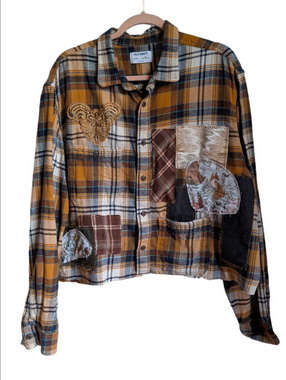 HANDMADE Reworked Yellow Plaid Autumnal Animals Bohemian Cotton Shirt Jacket XXL